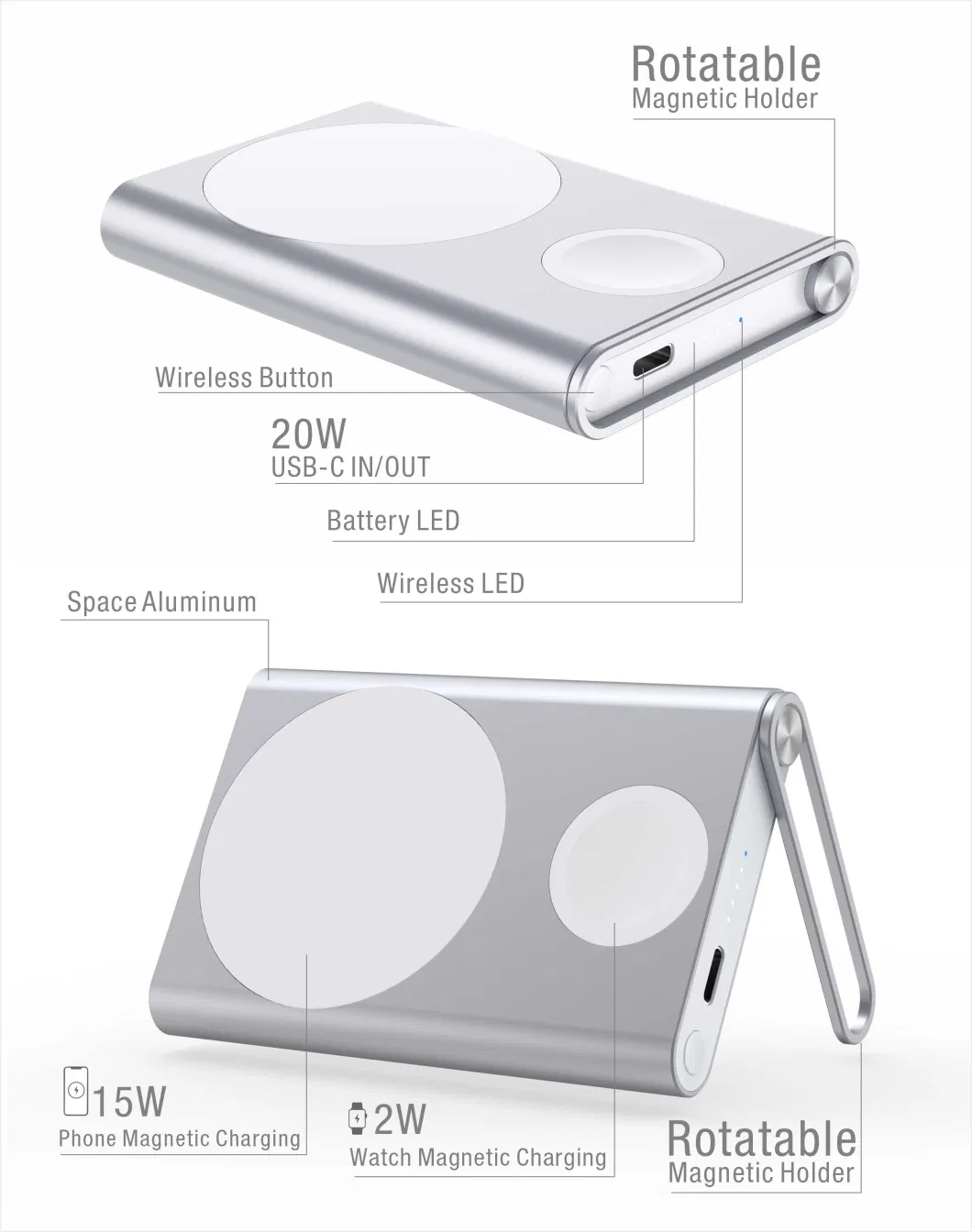 Magnetic Fast Charger Wireless Power Bank with Cable Mini Portable Type C Wireless Power Bank